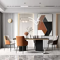 Modern Dining Table Set With Orange And Gray Chairs And Abstract Wall Art