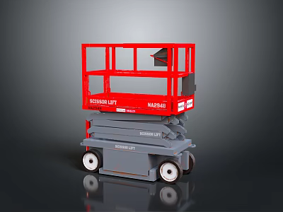 Red Scissor Lift Platform with Gray Base and Wheels by Magni for Industrial Use 3d model