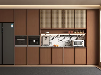 Modern Kitchen Sideboard With Wooden Cabinets Marble Countertop And Built in Appliances 3d model