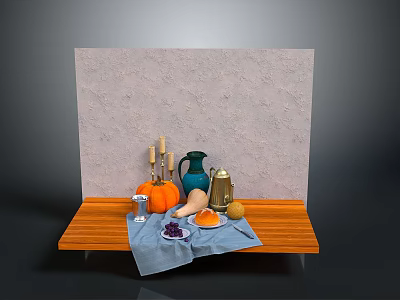 Fresh Pumpkin and Mixed Fruits on Wooden Table with Blue Cloth and Pitcher 3d model