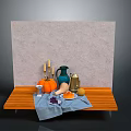 Fresh Pumpkin and Mixed Fruits on Wooden Table with Blue Cloth and Pitcher