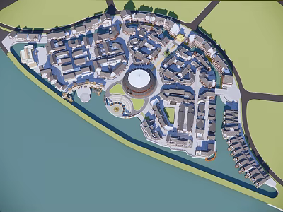 Waterfront Commercial Street With Central Circular Structure And Surrounding Buildings Layout 3d model