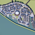 Waterfront Commercial Street With Central Circular Structure And Surrounding Buildings Layout