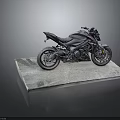 Black Sporty Motorcycle Showcased on Gray Stone Platform with Dark Background