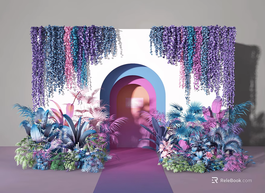Decorative Scene With Purple Pink Flower Vines Arched Doorway Colorful Plants And Purple Carpet 3d model 