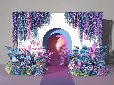 Decorative Scene With Purple Pink Flower Vines Arched Doorway Colorful Plants And Purple Carpet 3d model