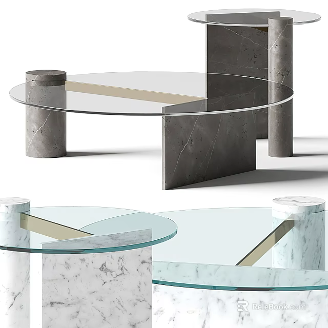 Modern Circular Coffee Table With Glass Top And Marble Support Columns 3d model 