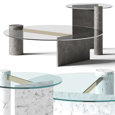 Modern Circular Coffee Table With Glass Top And Marble Support Columns 3d model