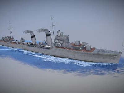 Military Vehicle Warship Sailing On Blue Sea With Smoke Emitting Chimneys 3d model