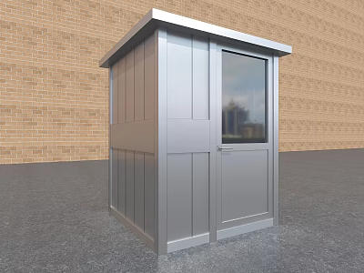 Silver Metal Security Booth With Door And Window Against Brick Wall Background 3d model