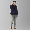 A Man Wearing Navy Blazer Dark Shirt Gray Jeans Brown Shoes With Hand Near Ear