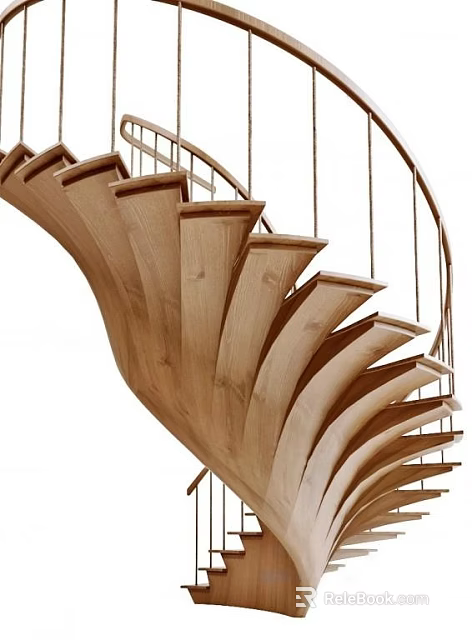 Elegant Modern Spiral Staircase With Wooden Steps And Metal Railing Design 3d model 