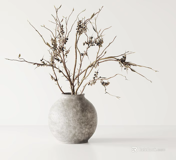 Gray Round Vase with Dried Branches and Berries on White Background 3d model 