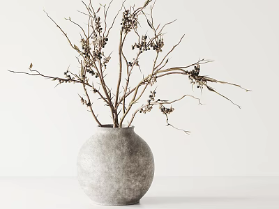 Gray Round Vase with Dried Branches and Berries on White Background 3d model
