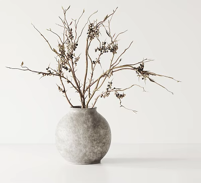 Gray Round Vase with Dried Branches and Berries on White Background 3d model