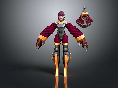 3D Character With Detailed Red Armor Purple Hair Fluffy Arms Mechanical Legs And Creature Helmet 3d model