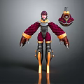 3D Character With Detailed Red Armor Purple Hair Fluffy Arms Mechanical Legs And Creature Helmet
