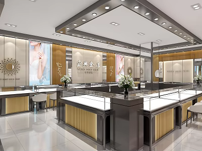 Modern Jewelry Store Interior Featuring Glass Display Cases Mirrored Walls And Elegant Lighting 3d model