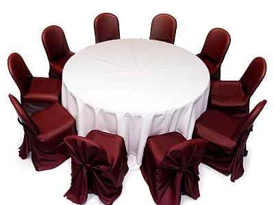 Elegant Round Dining Table Set With White Tablecloth And Eight Burgundy Chair Covers 3d model