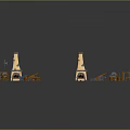 Two Symmetrical Yellow Tower Models With Orange Mechanical Structures On Black Reflective Floor