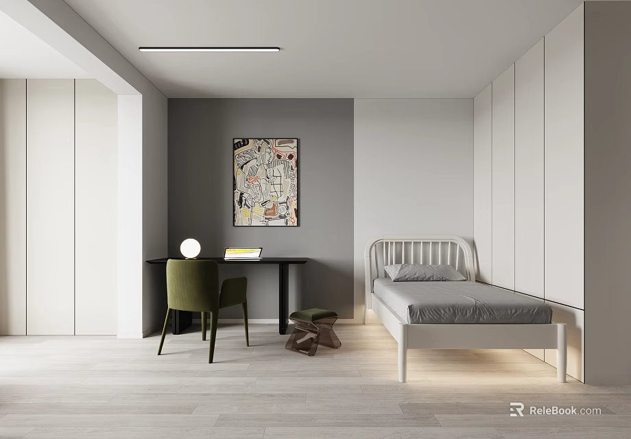 Modern Apartment Bedroom With Bed Desk Chair Wardrobe And Art 3d model 