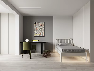 Modern Apartment Bedroom With Bed Desk Chair Wardrobe And Art 3d model