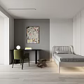 Modern Apartment Bedroom With Bed Desk Chair Wardrobe And Art