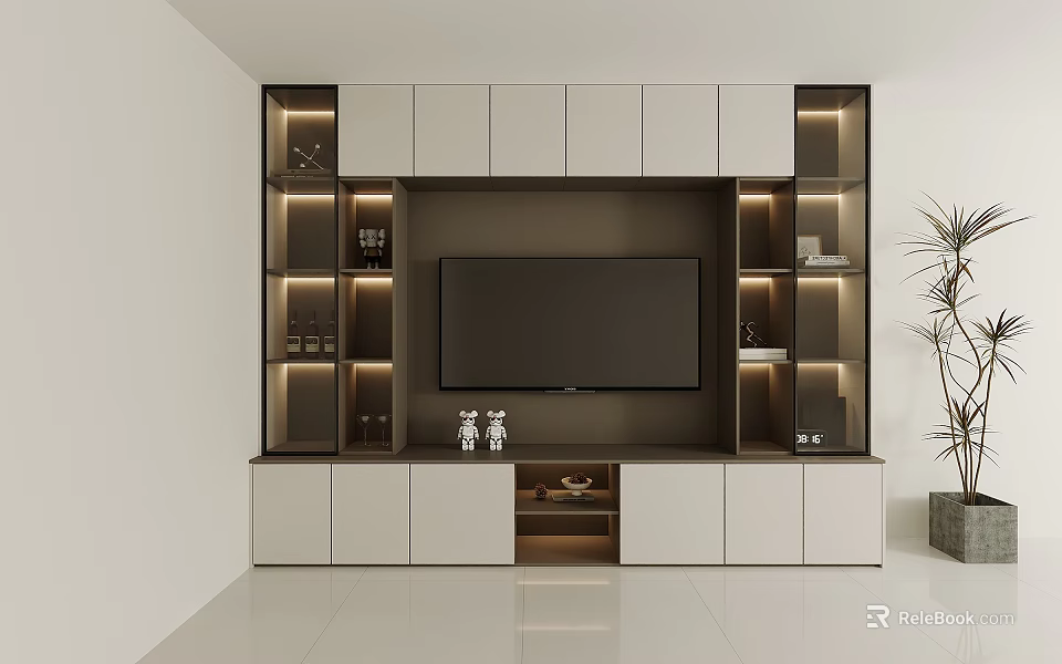 Modern TV Cabinet Design With White Dark Wood Open Shelves LED Lighting And Potted Plant 3d model 
