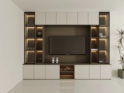 Modern TV Cabinet Design With White Dark Wood Open Shelves LED Lighting And Potted Plant 3d model