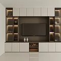 Modern TV Cabinet Design With White Dark Wood Open Shelves LED Lighting And Potted Plant