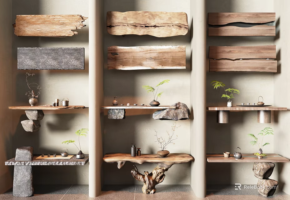 Natural Style Console Table Featuring Log Shelves Stone Slabs Small Green Plants And Tea Sets 3d model 