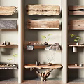 Natural Style Console Table Featuring Log Shelves Stone Slabs Small Green Plants And Tea Sets