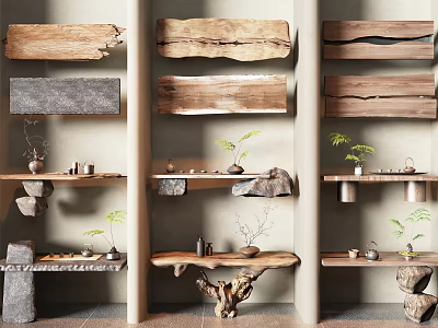 Natural Style Console Table Featuring Log Shelves Stone Slabs Small Green Plants And Tea Sets 3d model