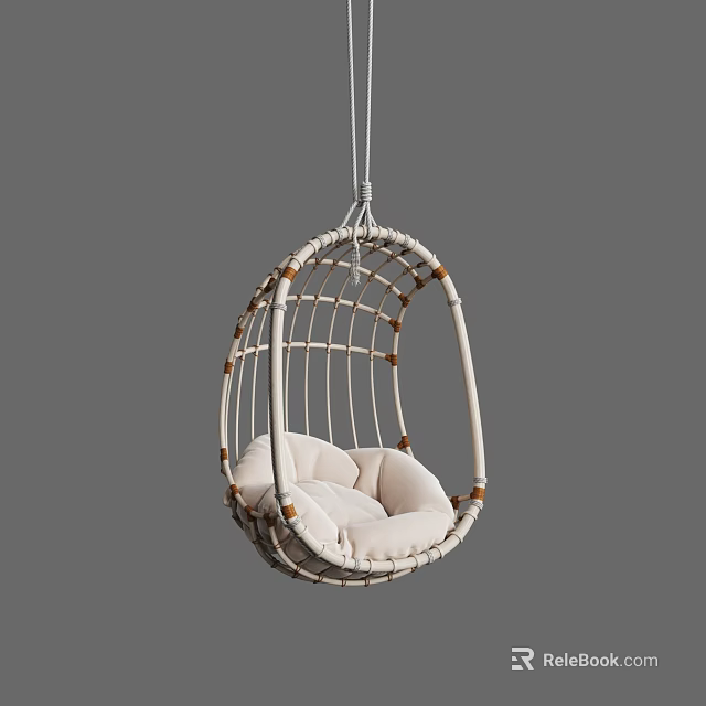 Stylish White Rattan Hanging Chair With Beige Cushion And Cozy Indoor Seating Design 3d model 