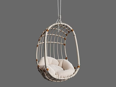 Stylish White Rattan Hanging Chair With Beige Cushion And Cozy Indoor Seating Design 3d model