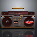 Vintage Computer Audio Boombox Featuring Retro Design Red Stickers And Brown Handle