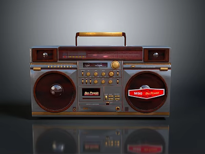 Vintage Computer Audio Boombox Featuring Retro Design Red Stickers And Brown Handle 3d model