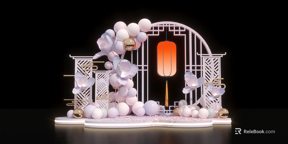 Elegant Floral Display with White Balloons Pink Flowers Circular Frame Lantern and Golden Decorations 3d model 