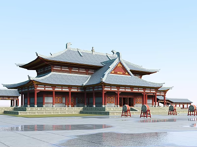 Traditional Chinese Ancient Architecture with Multi Tiered Gray Tile Roof Red Pillars and Stone Lions 3d model