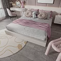Pink Children's Bed with Round Pillows Stuffed Toy Desk and Chair in Kids Room