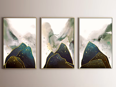 Three Piece Abstract Paintings With Mountain Shapes Cloud Like Effects And Golden Accents 3d model