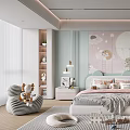 Cute Kids Room Interior With Moon Stars Wallpaper Animal Motifs Bed Desk Chair And Wardrobe
