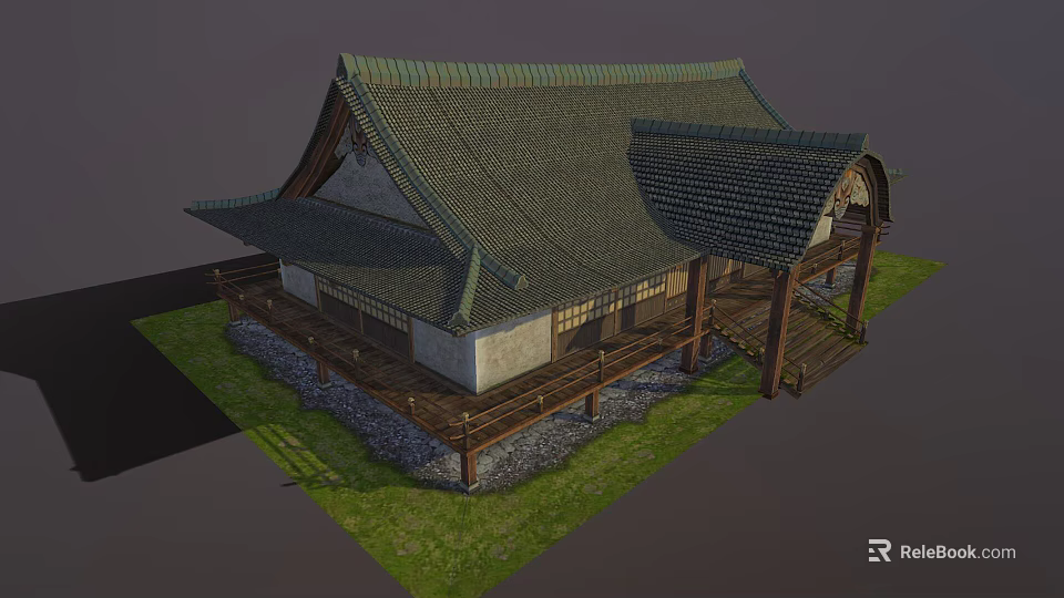 Traditional Japanese House with Sloped Tile Roof Wooden Structure and Green Grass Area 3d model 