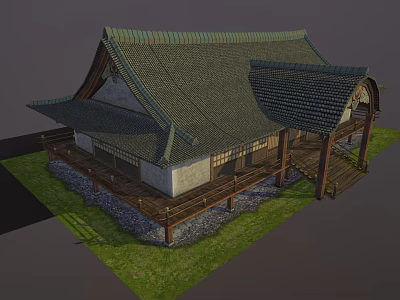 Traditional Japanese House with Sloped Tile Roof Wooden Structure and Green Grass Area 3d model