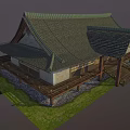 Traditional Japanese House with Sloped Tile Roof Wooden Structure and Green Grass Area