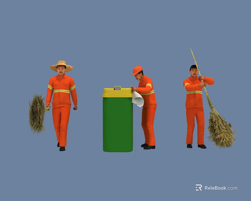 Men in Orange Work Uniforms Cleaning With Brooms And Wiping Green Trash Bin 3d model 
