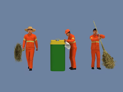 Men in Orange Work Uniforms Cleaning With Brooms And Wiping Green Trash Bin 3d model