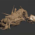 Muscular Horned Fantasy Game Movie Character With Spiked Armor Holding Hammer And Chains