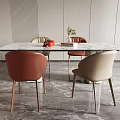 Modern Dining Table Set With Marble Top Brown Beige Chairs Metal Legs And Potted Plant