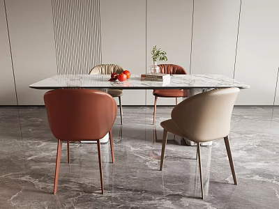 Modern Dining Table Set With Marble Top Brown Beige Chairs Metal Legs And Potted Plant 3d model
